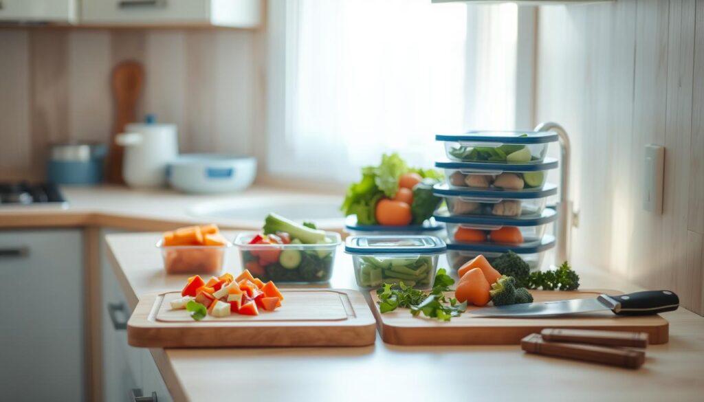 A cozy, minimalist kitchen with warm wooden textures and light blue accents. On the countertop, a selection of fresh ingredients neatly arranged - chopped vegetables, portioned protein, and storage containers. A cutting board and chef's knife sit nearby, ready for efficient prep work. Soft, diffused lighting casts a gentle glow, creating a calming atmosphere for meal preparation. The scene conveys a sense of organization and time-saving techniques, hinting at the satisfying results of a well-planned, batch-cooked dinner.