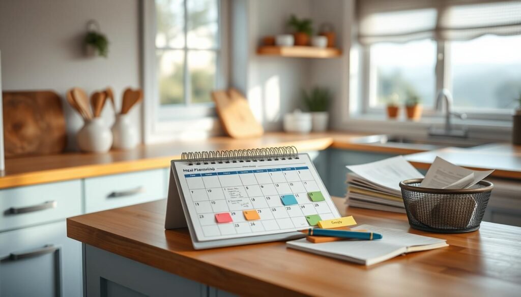 A cozy, minimalist kitchen with warm wooden textures and light blue accents. On the countertop, a neatly organized collection of meal planning tools: a weekly calendar, colorful sticky notes, a pen, and a collection of recipes. In the background, a window overlooks a peaceful, natural setting, letting in soft, natural light. The overall atmosphere is one of calm focus and intentional preparation, conveying the mindset of efficient meal planning for a busy week ahead.