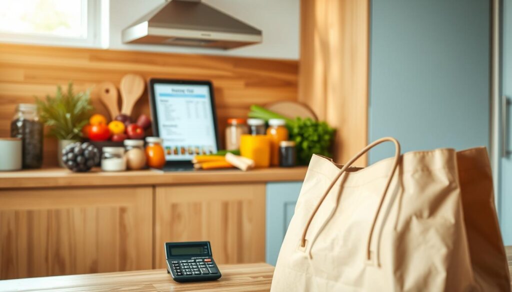 A cozy, minimalist kitchen with warm wooden textures and light blue accents. On the countertop, neatly arranged grocery items - fresh produce, labeled jars, and a digital tablet displaying a budget-friendly grocery list. The room is bathed in soft, natural lighting, creating a calming atmosphere. In the foreground, a calculator and a reusable shopping bag, symbolizing the smart budgeting and sustainable shopping habits. The overall scene conveys efficiency, organization, and a thoughtful approach to grocery management, perfectly capturing the 
