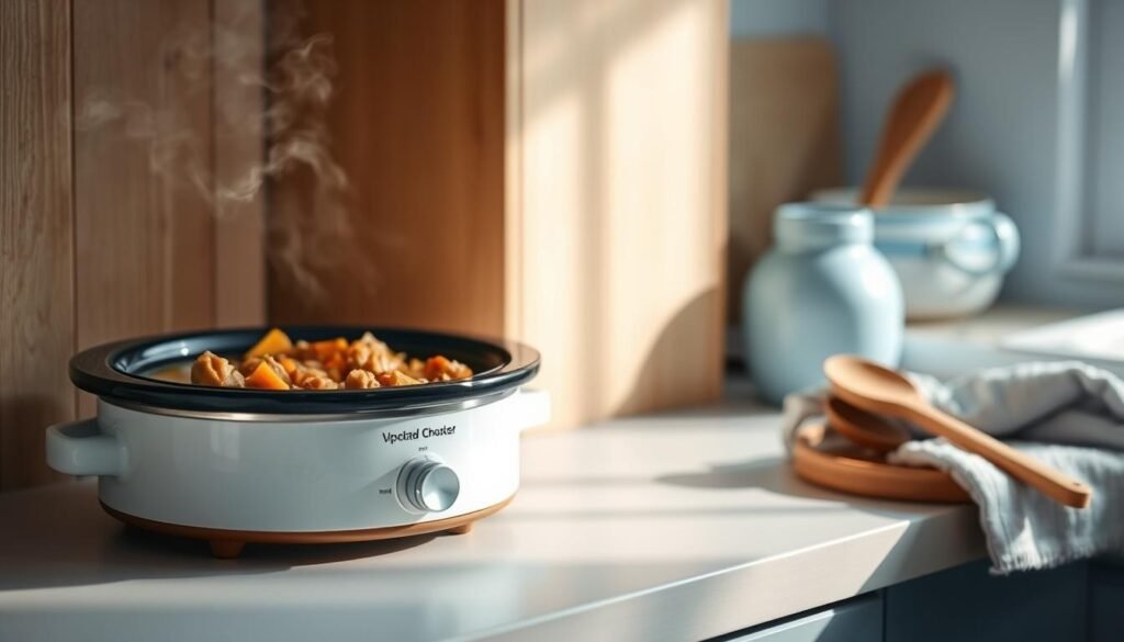 A cozy, minimalist kitchen with warm wooden textures and light blue accents. On the countertop, a slow cooker slowly reheats a hearty stew, its gentle steam rising. The soft lighting casts a comforting glow, highlighting the smooth ceramic vessel and the tantalizing aroma wafting through the air. A few simple kitchen tools, like a wooden spoon and a clean dish towel, are neatly arranged nearby, suggesting an efficient, low-fuss approach to reheating. The scene conveys a sense of effortless nourishment and the comforting routines of home-cooked meals.