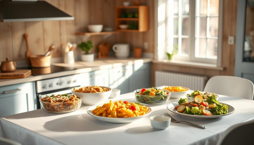 A cozy, minimalist kitchen with warm wooden textures and light blue accents. On the countertop, a neatly arranged spread of freshly prepared family-style meals - hearty casseroles, vibrant salads, and wholesome side dishes. Rays of soft, natural light filter through the windows, casting a serene glow over the scene. The table is set with simple, elegant dinnerware, hinting at the joy and nourishment that these make-ahead meals will bring to a family gathering. The overall atmosphere exudes a sense of efficiency, organization, and the profound benefits of planning ahead for shared mealtimes.
