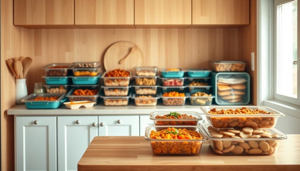 A cozy, minimalist kitchen with warm wooden tones and light blue accents showcases an assortment of comfort food freezer meals. On the countertop, various containers hold hearty stews, lasagnas, casseroles, and other homemade dishes, all ready to be easily reheated and enjoyed. The clean, uncluttered space is illuminated by soft, natural lighting, creating an inviting atmosphere for meal planning and preparation. The carefully arranged selection of dishes conveys the convenience and satisfaction of having a stockpile of delicious, nourishing meals at the ready.