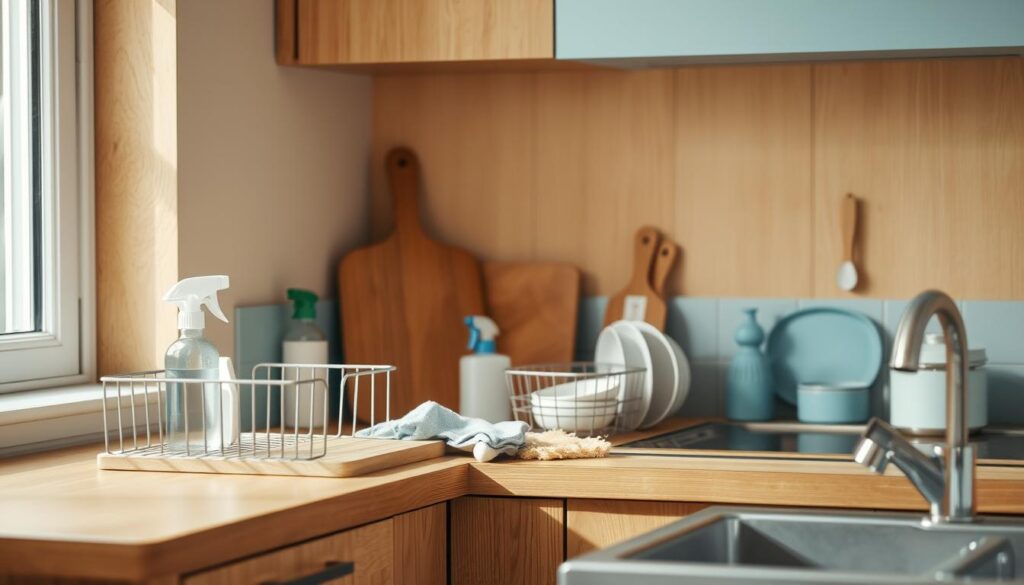 A cozy, minimalist kitchen with warm wooden tones and light blue accents. On the countertop, a cutting board, a wire dish rack, and various cleaning supplies neatly arranged. A spray bottle, a cloth, and a reusable sponge sit nearby, ready to tackle any mess. The sink is clear, with a few clean dishes drying. Soft, diffused lighting illuminates the space, casting gentle shadows. The scene conveys a sense of order and efficiency, with everything in its place, ready for the next round of meal prep. No hands are visible, allowing the focus to remain on the organized, tidy kitchen.