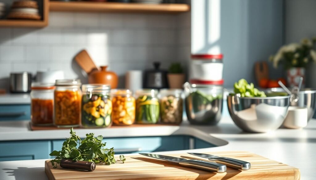 A cozy, minimalist kitchen with wood accents and light blue hues. On the counter, a variety of meal prep containers, including glass jars and stainless steel bowls, showcasing different freezing techniques for preserving flavor and nutrients. Crisp, natural lighting illuminates the scene, casting soft shadows and highlighting the textures of the ingredients. In the foreground, a cutting board with fresh herbs, vegetables, and a pair of sharp knives, hinting at the meal preparation process. The overall atmosphere conveys a sense of organization, efficiency, and a commitment to healthy, homemade family dinners.