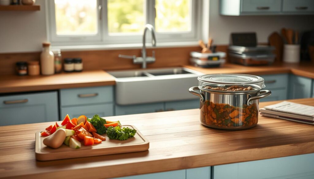 A cozy, minimalist kitchen with wooden countertops and light blue accents. On the counter, a cutting board with chopped vegetables, a pot of simmering stew, and a stack of meal prep containers. Warm, diffused lighting creates a calming atmosphere, showcasing the benefits of making double batches for future family dinners. Neatly organized spices, utensils, and a recipe book emphasize the time-saving strategies for efficient meal preparation.