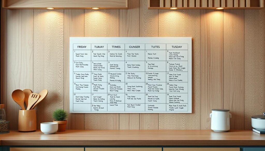 A cozy, minimalist kitchen with wooden textures and light blue accents showcases a weekly meal calendar. Neatly organized grid-like layout presents a variety of healthy, family-friendly dishes with clear labels for each day. Ingredients and preparation notes are written in a clean, legible hand. The calendar is displayed on a subtly textured wall, accentuated by soft, warm lighting that casts a gentle glow. A sense of order and efficiency pervades the scene, conveying the preparedness and organization needed for busy evenings. No hands are visible, allowing the calendar to be the focal point.