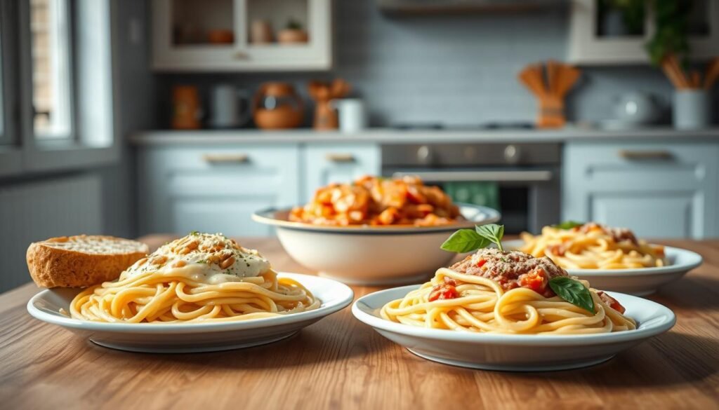 A cozy, minimalist kitchen with wooden textures and light blue accents showcases an array of classic Italian pasta dishes. In the foreground, a steaming plate of spaghetti carbonara, the creamy sauce glistening, is accompanied by a side of garlic-infused bread. In the middle ground, a bountiful bowl of hearty lasagna, its layers of pasta, cheese, and rich tomato sauce, beckons. Further back, a vibrant dish of penne alla vodka, the vibrant pink sauce complemented by fresh basil leaves, takes center stage. The scene is illuminated by soft, natural lighting, creating a warm and inviting atmosphere, perfect for a busy family's weeknight dinner.