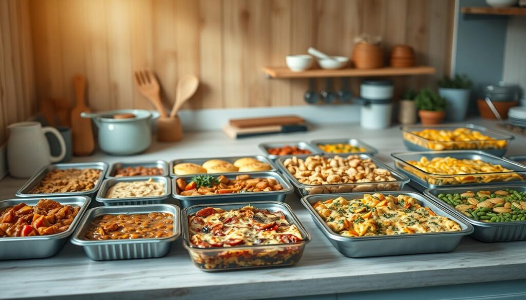 A cozy, minimalist kitchen with wooden textures and light blue accents showcases an array of freezer-friendly dishes. Trays of hearty stews, delicate quiches, and vibrant vegetable casseroles are neatly arranged, their aroma filling the air. The soft, diffused lighting casts a warm glow, illuminating the meticulously organized ingredients and prep tools. This scene captures the essence of batch cooking and meal prepping, a testament to the efficiency and accessibility of freezer-friendly recipes.
