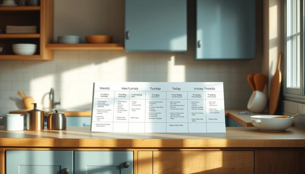 A cozy, minimalist kitchen with wooden textures and light blue accents, showcasing a weekly meal prep schedule neatly arranged on the countertop. The schedule is presented as a grid layout, with each day's meals clearly labeled and organized. The lighting is soft and natural, creating a warm and inviting atmosphere. The angles are slightly elevated, allowing the viewer to clearly see the entire layout. The overall mood is one of organization, efficiency, and a sense of planning and preparation for the week ahead.
