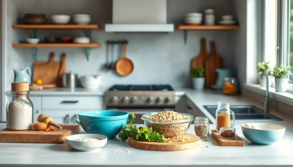 A cozy, minimalist kitchen with wooden textures and light blue accents. Expertly arranged kitchen tools and ingredients on a clean countertop, bathed in soft, natural lighting. Meticulously organized mise en place showcases efficient gluten-free cooking methods - whole grains, fresh vegetables, and carefully measured spices. The scene conveys a sense of calm control, where every step of the process is thoughtfully considered for maximum flavor and time-saving. A tranquil atmosphere that invites the viewer to imagine the delicious, gluten-free meals that could be prepared in this thoughtfully designed space.