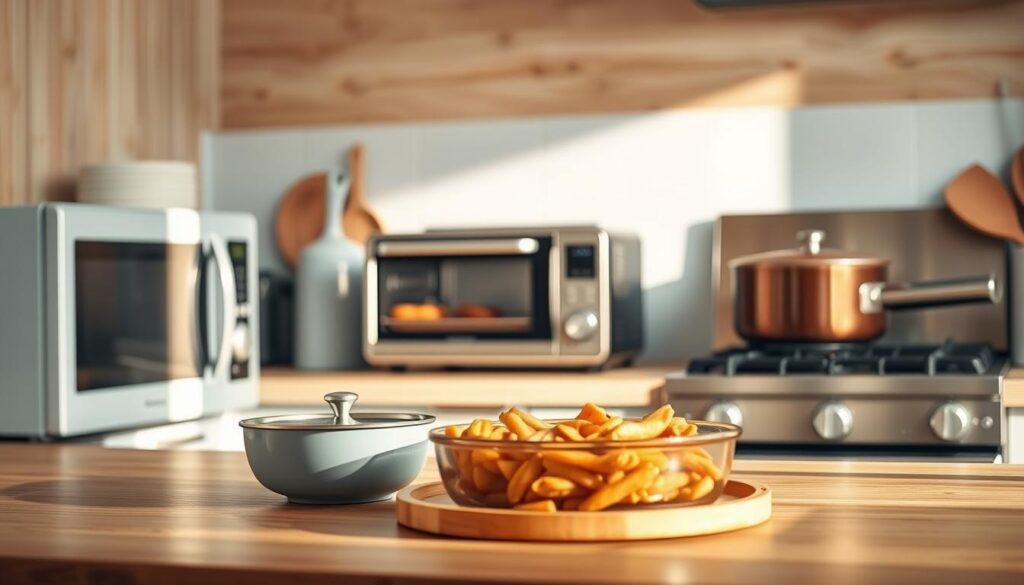 A cozy, minimalist kitchen with wooden textures and light blue accents. In the foreground, various reheating methods are displayed - a microwave, a toaster oven, and a saucepan on the stovetop. The kitchen tools are arranged in a visually appealing manner, highlighting the techniques for maintaining flavor and texture when reheating leftovers. Soft, warm lighting illuminates the scene, creating a comforting atmosphere. The focus is on the reheating process, with no hands or people visible, allowing the viewer to imagine themselves in the space, considering the best methods for reheating their own homemade meals.