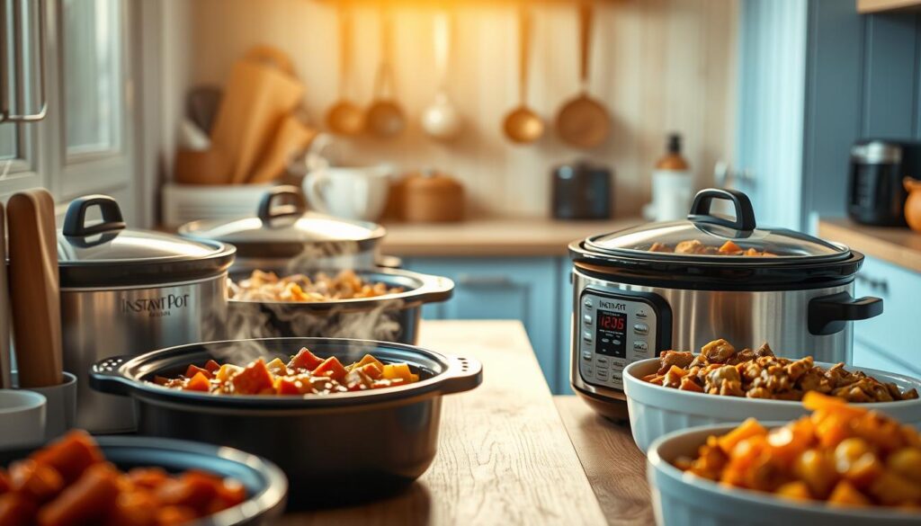 A cozy, minimalist kitchen with wooden textures and light blue accents. In the foreground, an array of slow cooker and instant pot dishes, each brimming with rich, hearty ingredients. Aromatic steam rises from the appliances, hinting at the delicious meals within. The lighting is warm and inviting, casting a golden glow over the scene. In the background, a few simple kitchen tools and utensils hang neatly, suggesting the efficient, no-fuss preparation of these batch-cooked dinners. The overall atmosphere is one of calm, comfort, and the satisfying ease of using these versatile kitchen appliances.