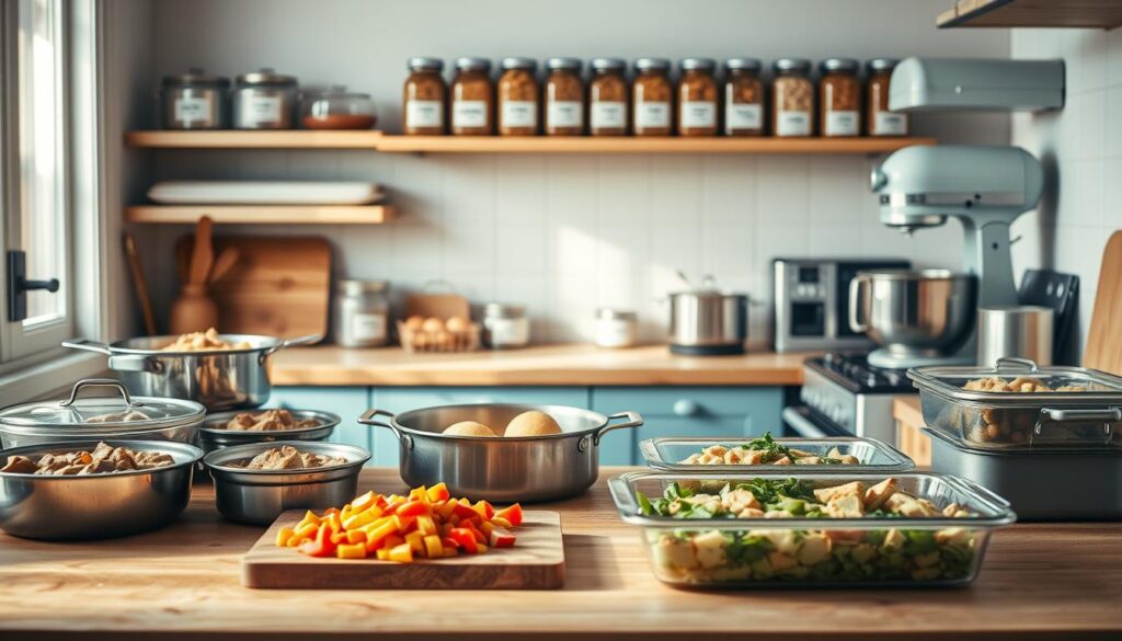 A cozy, minimalist kitchen with wooden textures and light blue accents. In the foreground, an array of stainless steel cookware and baking dishes, each filled with a different prepared meal. The middle ground features a cutting board with freshly chopped vegetables, a simmering pot on the stove, and a stand mixer whirring away. In the background, shelves lined with labeled jars and containers, hinting at a well-organized batch cooking system. Soft, directional lighting illuminates the scene, casting warm shadows and creating an atmosphere of efficiency and culinary prowess.