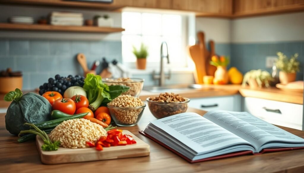 A cozy, minimalist kitchen with wooden textures and light blue accents. On the counter, an array of colorful vegetables, whole grains, and lean protein sources arranged in a visually appealing composition. A cutting board with freshly chopped ingredients and a cookbook open to a recipe page. The soft, warm lighting highlights the textures and colors, creating a welcoming atmosphere for meal planning and healthy cooking. The camera captures this scene from a slightly elevated angle, showcasing the organization and intentionality of the meal preparation process.