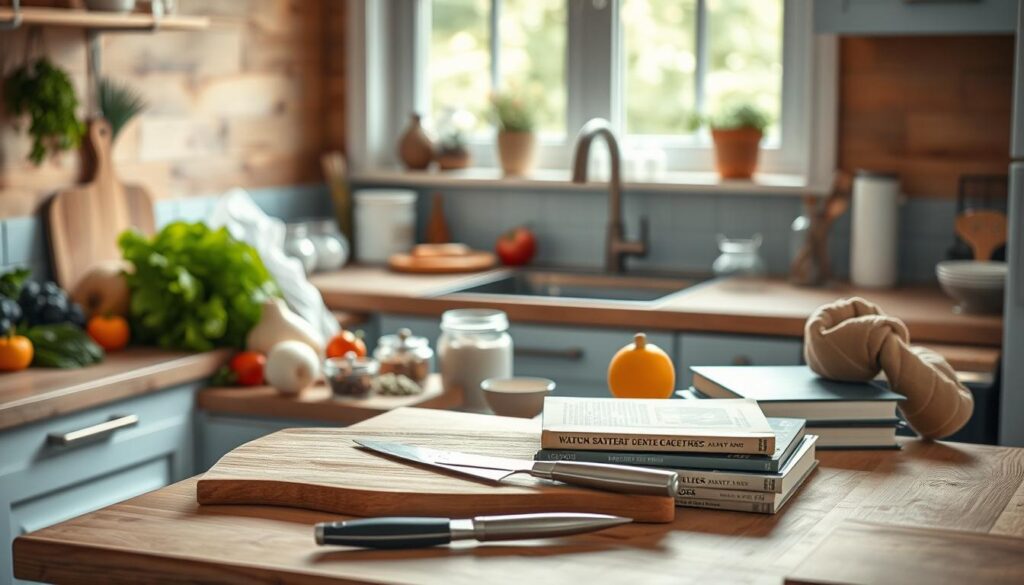 A cozy, minimalist kitchen with wooden textures and light blue accents. On the counter, an assortment of fresh produce, spices, and dairy-free ingredients laid out neatly. A cutting board, knives, and a few cookbooks are arranged in the foreground, hinting at the preparation of a healthy, dairy-free meal. The scene is bathed in warm, natural lighting, creating a calming atmosphere. In the background, a window offers a glimpse of greenery outside, suggesting a connection to nature. The overall composition conveys a sense of mindful meal planning and a commitment to nourishing, dairy-free cuisine.