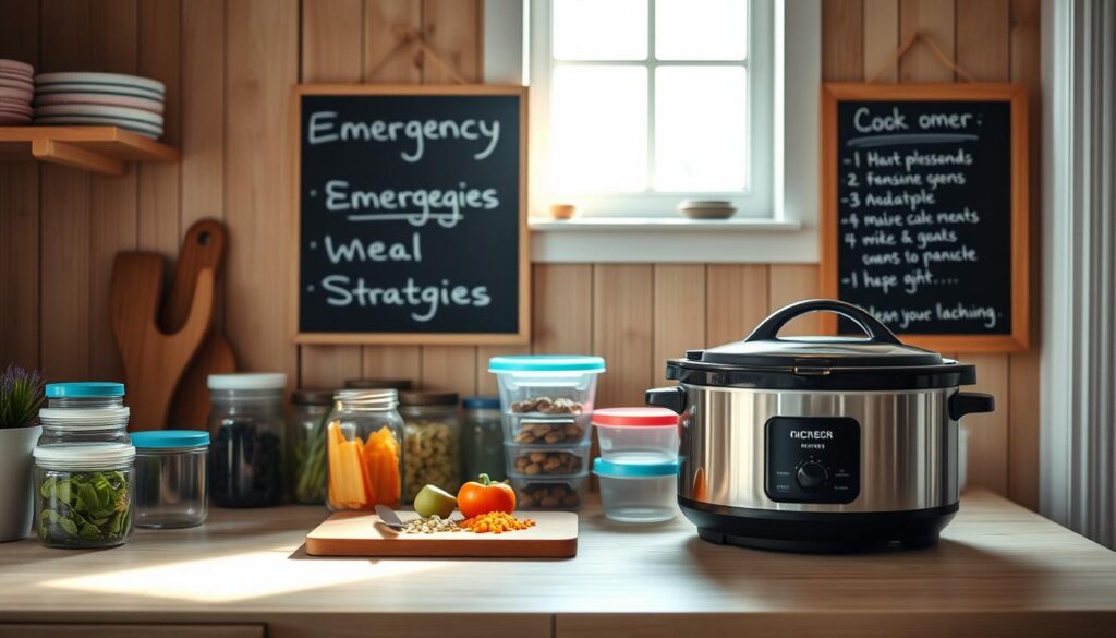 A cozy, minimalist kitchen with wooden textures and light blue accents. On the countertop, various containers and tools used for efficient meal prep - glass jars, Tupperware, a slow cooker, and a cutting board with a few chopped vegetables. The lighting is soft and warm, creating a calming atmosphere. In the background, a wall-mounted chalkboard with a list of 