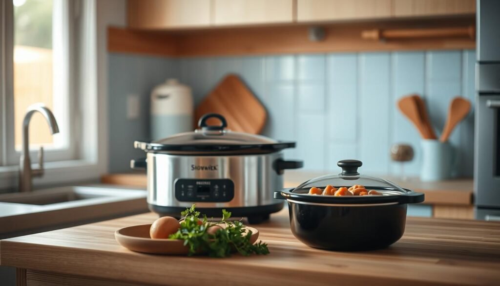 A cozy, minimalist kitchen with wooden textures and light blue accents. On the countertop, a slow cooker simmers, emitting the delicious aroma of a hearty stew. Fresh herbs and spices are arranged nearby, ready to be added. The warm, soft lighting casts a comforting glow, inviting you to relax and enjoy a stress-free evening meal. The focus is on the slow cooker, the centerpiece of this peaceful scene, showcasing the simplicity and convenience of this cooking method.