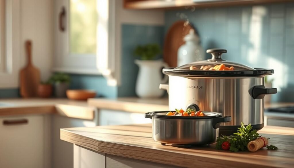 A cozy, minimalist kitchen with wooden textures and light blue accents. On the countertop, a slow cooker sits, emitting the mouthwatering aroma of a hearty, homemade meal. Beside it, fresh herbs, vegetables, and spices are neatly arranged, hinting at the complex flavors that will soon be simmering within. The scene is bathed in warm, natural light, creating a welcoming and inviting atmosphere. This tranquil setting suggests a world of possibilities, where delicious, make-ahead family dinners are crafted with care and creativity, providing flavorful variety without repetition.