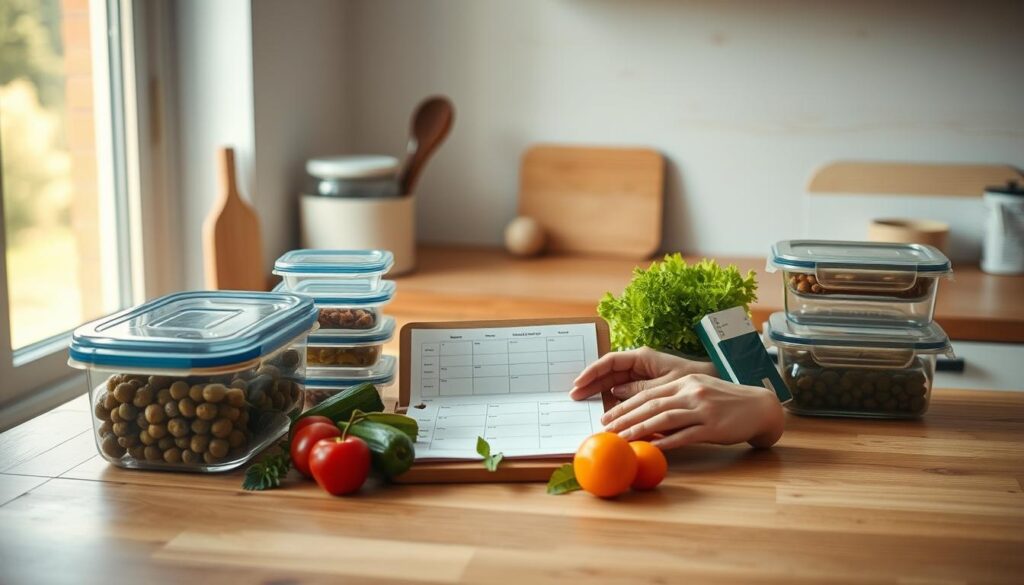 A cozy, minimalist kitchen with wooden textures and light blue accents. On the countertop, a meticulously organized spread of meal planning essentials - reusable glass containers, a weekly meal planner, a collection of fresh produce, and a pair of hands thoughtfully arranging the elements. Warm, gentle lighting casts a soft glow, emphasizing the care and intention behind this sustainable meal preparation setup. The scene conveys a sense of focus, organization, and a commitment to mindful, eco-conscious living.