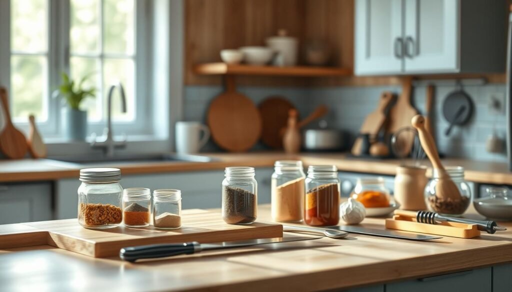 A cozy, minimalist kitchen with wooden textures and light blue accents. On the countertop, an assortment of meal prep resources - glass jars filled with spices, a cutting board, a chef's knife, and various kitchen tools. In the background, a window lets in soft, natural light, creating a warm, inviting atmosphere. The layout is clean and organized, reflecting the 