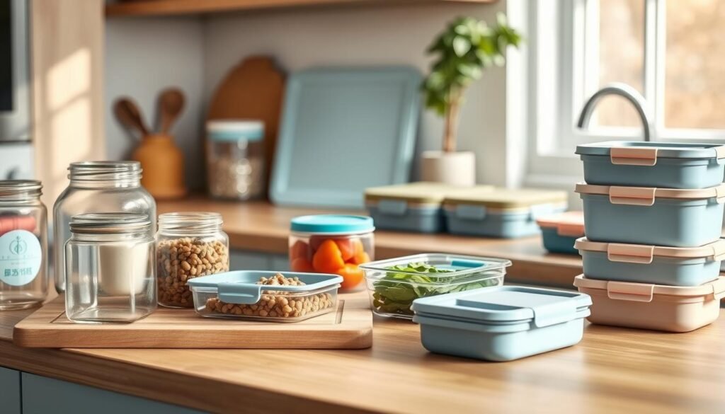 A cozy, minimalist kitchen with wooden textures and light blue accents. On the countertop, an assortment of meal prepping tools and containers are neatly arranged. Glass storage jars, silicone baking mats, and reusable lunchboxes with dividers sit alongside a sleek cutting board and a set of compact, color-coded food containers. The scene exudes an atmosphere of organization and efficiency, hinting at the endless meal prep hacks and time-saving techniques that can transform family dinners into a flavorful, stress-free experience.