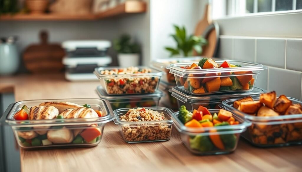 A cozy, minimalist kitchen with wooden textures and light blue accents. On the countertop, an assortment of containers filled with a variety of freshly prepared meals - grilled chicken with roasted vegetables, quinoa and lentil salad, roasted sweet potato and broccoli bake. The vibrant colors and textures create a visually appealing and nutritious weekly meal prep selection. Soft, natural lighting illuminates the scene, highlighting the care and attention given to meal planning and preparation. The absence of any distracting elements allows the food to take center stage, inspiring ideas for incorporating variety into a batch cooking routine.