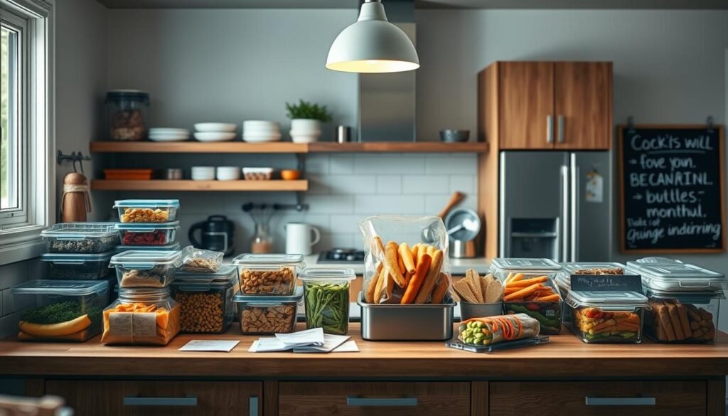 A cozy, minimalist kitchen with wooden textures and light blue accents. On the countertop, an array of glass containers, reusable bags, and a sleek freezer organizer showcase innovative freezer meal hacks. Crisp overhead lighting illuminates an artfully arranged assortment of frozen ingredients, meal prep tools, and handwritten recipe cards, conveying a sense of organized efficiency. In the background, a glimpse of a chalkboard wall displays inspirational cooking tips, creating an atmosphere of experienced, practical wisdom for batch-cooking and monthly meal planning.