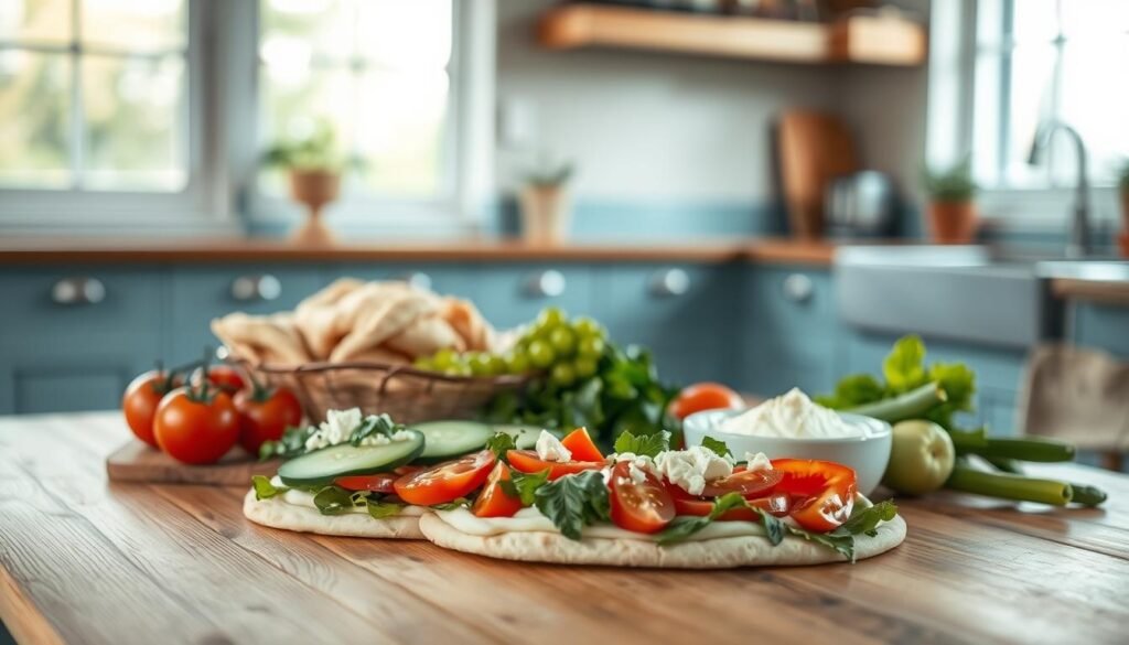A cozy, minimalistic kitchen with warm wooden textures and light blue accents. On a wooden table, an array of fresh ingredients: crisp pita breads, juicy tomatoes, crisp cucumbers, tangy feta cheese, and flavorful hummus. The lighting is soft and natural, creating a inviting atmosphere. A variety of pita meal solutions are presented, showcasing their versatility as a canvas for healthy, flavorful fillings. The composition emphasizes the fresh, vibrant colors and textures of the ingredients, inviting the viewer to imagine crafting their own delicious pita pocket creations.