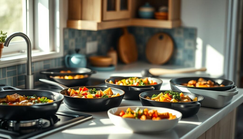 A cozy, well-lit kitchen bathed in soft natural light. On the countertop, an assortment of cast-iron skillets and ceramic baking dishes, each containing a delectable one-pan meal. The aromas of simmering vegetables, tender proteins, and fragrant herbs waft through the air, enticing the senses. In the background, subtle blue accents complement the warm wooden textures, creating a harmonious and inviting atmosphere. The scene conveys the ease and satisfaction of quickly reheating and enjoying a flavorful, homemade dinner on the stovetop.