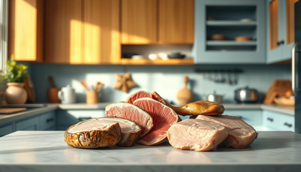 A cozy, well-lit kitchen interior, with wooden cabinets, light blue accents, and clean lines. On the counter, a bountiful display of protein variations - plump, golden-brown roasted chicken, juicy slices of medium-rare beef, and succulent, fork-tender pork chops. The lighting is soft and warm, casting gentle shadows and highlighting the textures of the meats. The overall atmosphere is inviting and appetizing, hinting at the delicious meals that could be prepared with these versatile ingredients.