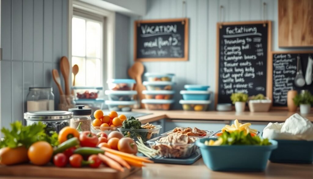 A cozy, well-organized kitchen with light blue accents and warm wooden textures. On the countertop, a selection of meal prep containers, spices, and cooking utensils are neatly arranged. In the foreground, fresh vegetables, proteins, and pre-cooked ingredients are ready for assembly. In the background, a minimalist blackboard displays a meal plan and shopping list. The lighting is soft and natural, creating a calming atmosphere for efficient vacation meal prepping.