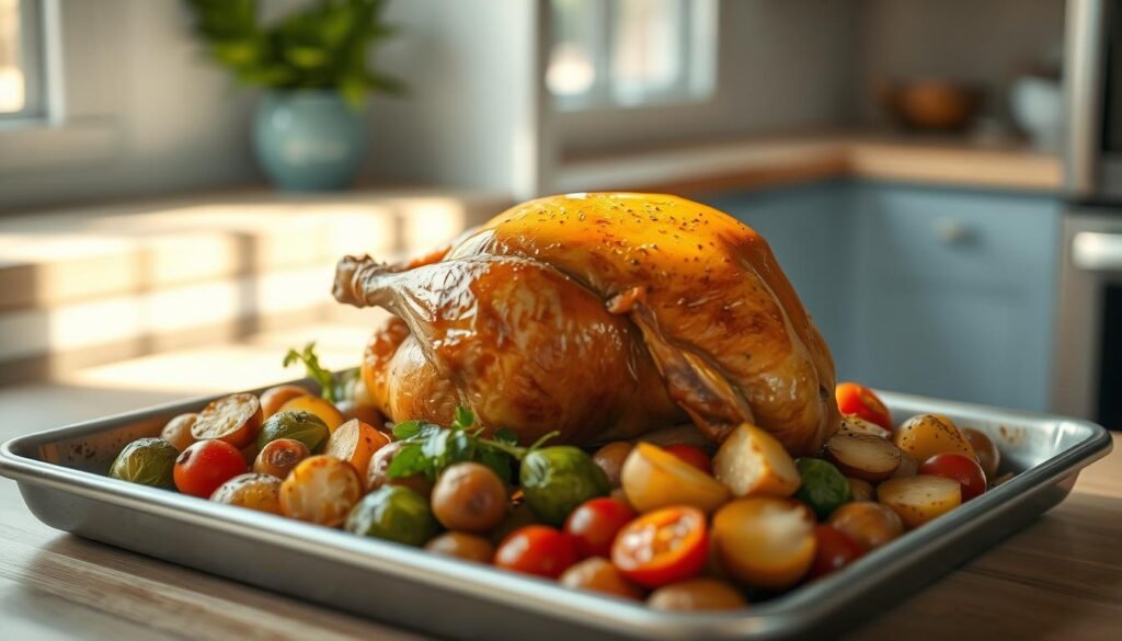 A crisp-skinned, golden-brown roasted chicken nestled atop a baking sheet, surrounded by a medley of vibrant vegetables - tender roasted potatoes, caramelized Brussels sprouts, and sweet cherry tomatoes. Sunlight streams through a nearby window, casting a warm glow over the scene. The minimalist kitchen features clean, wooden textures and light blue accents, creating a cozy, inviting atmosphere. The image captures the simplicity and deliciousness of a quick, one-pan chicken dinner, ready to be served and savored.