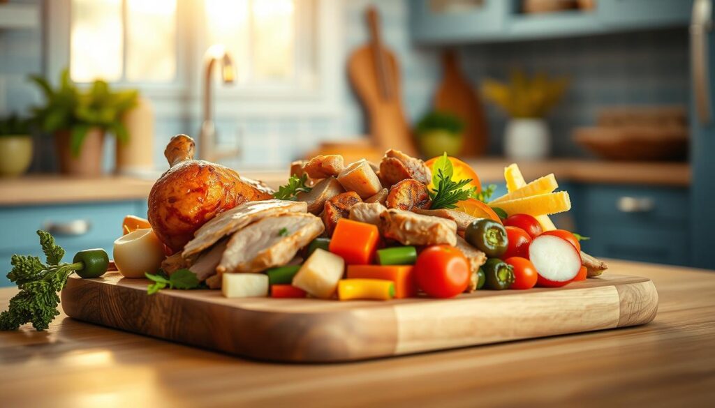 A delectable arrangement of chicken, pork, and an array of fresh vegetables sizzling on a rustic wooden cutting board. The warm, golden lighting casts a cozy glow, highlighting the vibrant colors and textures of the ingredients. In the background, a minimal kitchen with light blue accents and natural wooden surfaces provides a serene setting, allowing the flavorful dish to take center stage.