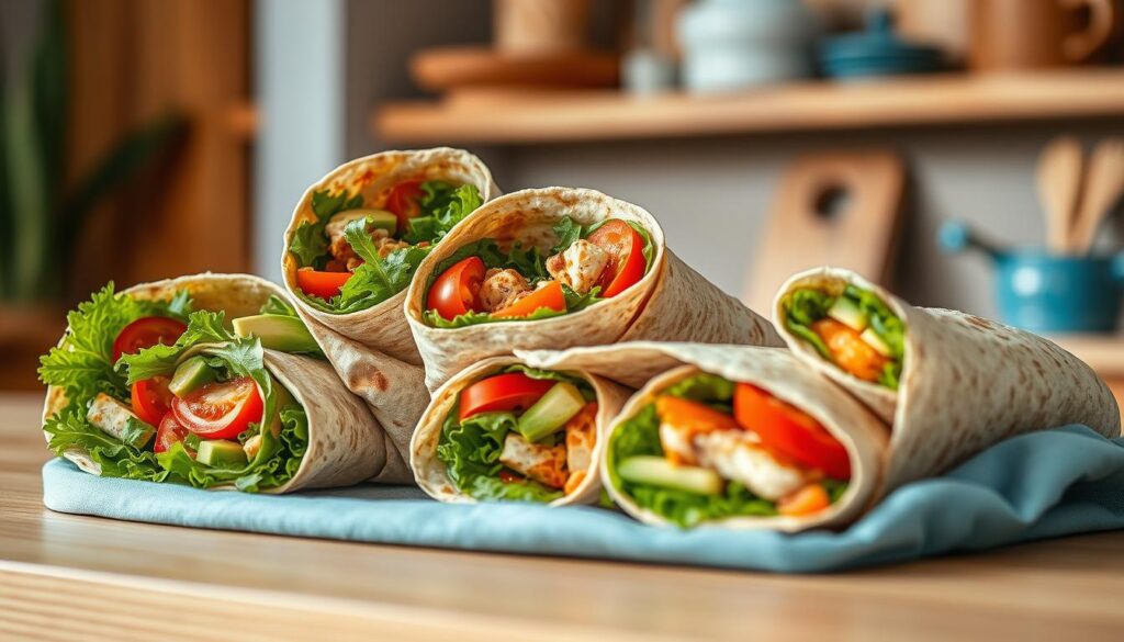 A delectable array of innovative sandwich wraps, nestled in a cozy, minimalist kitchen. Vibrant veggies and savory proteins are nestled within freshly-baked whole grain tortillas, their artful folds and swirls captured in warm, natural lighting. Crisp greens, juicy tomatoes, and creamy avocado spill forth, inviting the viewer to imagine the satisfying crunch and tang of each bite. Warm, earthy wood tones and soft blue accents lend a sense of rustic elegance, while the lack of hands suggests an effortless, homemade quality. This image perfectly encapsulates the spirit of 