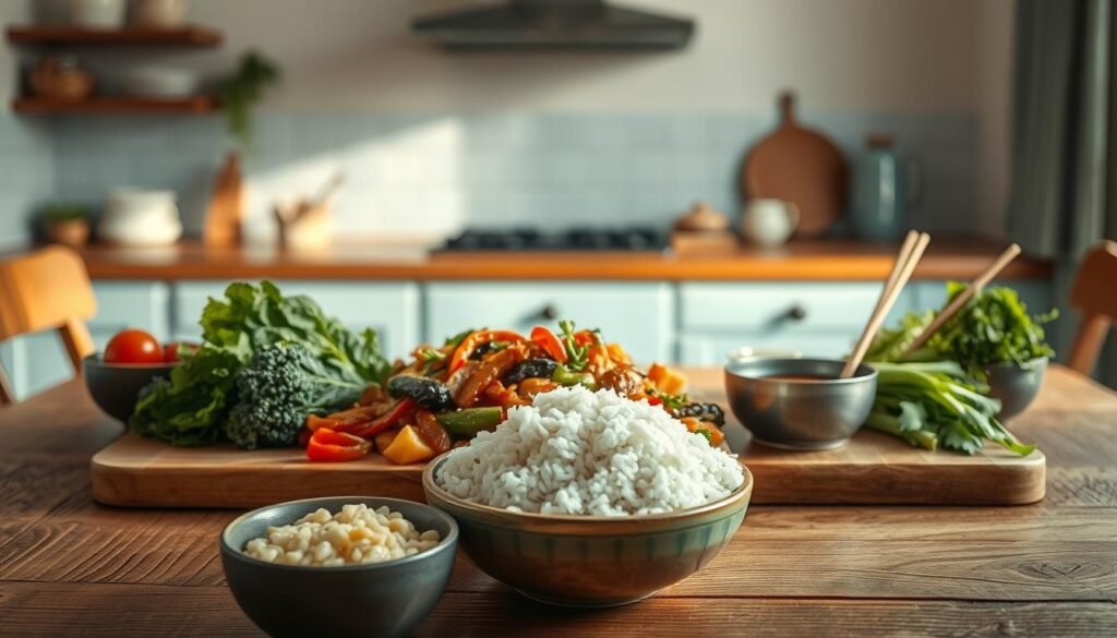 A delectable stir-fry dish, beautifully presented on a rustic wooden table, bathed in soft, warm light. Fresh vegetables, expertly sautéed, arranged in an artful display, accompanied by a selection of garnishes and condiments. In the foreground, a bowl of steaming white rice, its grains glistening. In the middle, the stir-fry itself, a vibrant medley of colors and textures, with a slight glistening from the flavorful sauce. In the background, a minimalist kitchen with light blue accents, creating a cozy, inviting atmosphere. The scene is captured through a wide-angle lens, emphasizing the depth and balance of the composition.