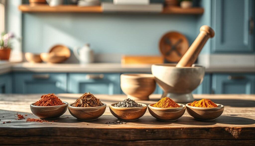 A delicate arrangement of aromatic spice blends rests on a rustic wooden surface, their vibrant hues and textures beckoning culinary exploration. In the foreground, a selection of carefully curated spices - earthy paprika, fragrant cumin, and vibrant turmeric - are displayed in small ceramic bowls, casting warm shadows under the soft, natural lighting. In the middle ground, a mortar and pestle stand ready, hinting at the flavorful fusion to come. The background is a minimalist kitchen setting, with light blue accents and clean, wooden cabinetry, creating a calming, inviting atmosphere that encourages creative, protein-rich meal preparation.