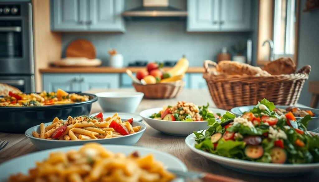 A delightful array of family-friendly meal ideas in a cozy, minimal kitchen with warm wooden textures and light blue accents. In the foreground, a variety of wholesome dishes - a hearty pasta bake, colorful roasted vegetables, and a crisp salad with fresh greens and vibrant toppings. In the middle ground, a bowl of fresh fruit and a basket of homemade bread, inviting the viewer to savor a nourishing, balanced meal. The scene is bathed in soft, natural lighting, creating a welcoming and appetizing atmosphere, perfect for a family dinner.