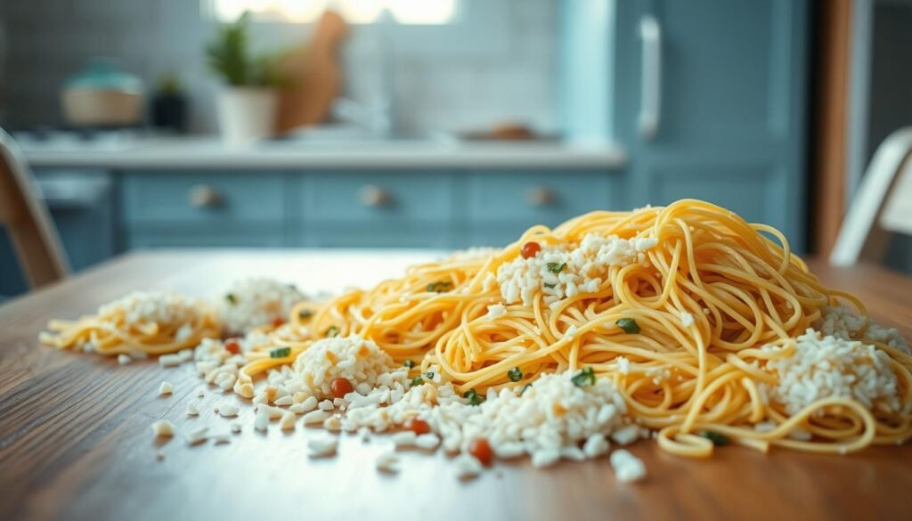A delightful assortment of pasta, rice, and noodle leftovers spills out onto a wooden table in a cozy, minimal kitchen. Soft light filters through light blue accents, casting a warm, inviting glow. Strands of spaghetti, scattered grains of rice, and curled ramen noodles mingle together, creating a visually appealing and textural arrangement. The scene conveys a sense of casual, homemade comfort, ready to be transformed into a quick, satisfying lunch.