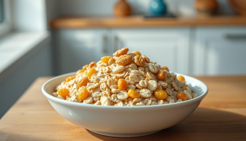 A delightful pile of peanut butter-infused steel-cut oats, artfully arranged in a sleek white ceramic bowl. The oats glisten with a creamy sheen, their texture both hearty and pillowy. Plump golden raisins dot the surface, adding pops of sweetness. Strewn throughout are crunchy chopped peanuts, their nutty aroma wafting through the frame. The bowl sits atop a wooden kitchen counter, surrounded by a minimalist, light-filled space with soft blue accents. Warm, natural lighting bathes the scene, casting gentle shadows and highlights that accentuate the dish's comforting, homemade appeal.