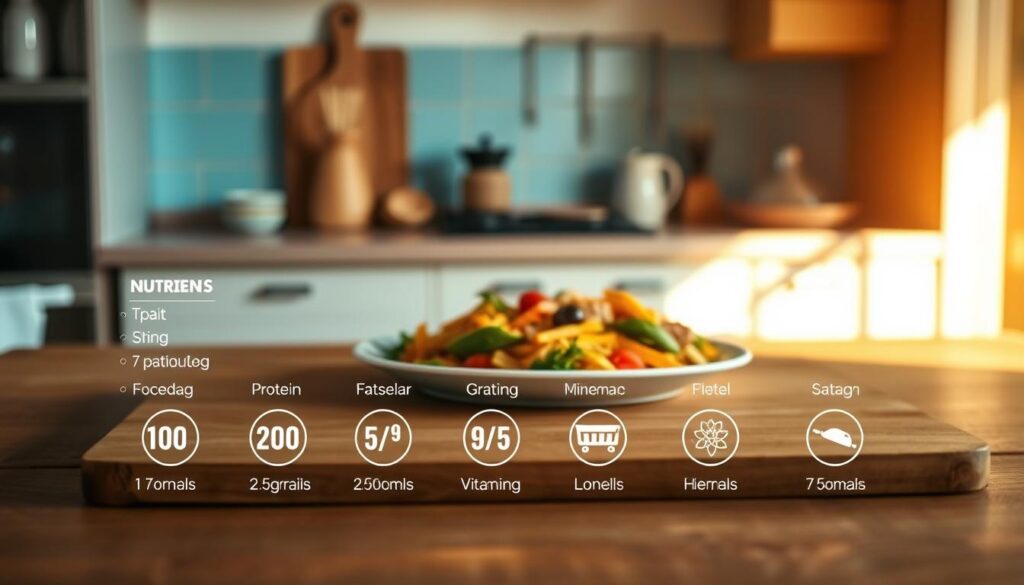 A detailed nutritional breakdown of a meal prep dish, showcased on a wooden table in a cozy, minimalist kitchen. The scene is bathed in soft, warm lighting, casting gentle shadows and highlighting the vibrant colors of the food. In the foreground, an array of labeled nutrient icons - protein, carbohydrates, fats, vitamins, and minerals - are clearly displayed, providing a visual reference for the dish's nutritional composition. The middle ground features the actual meal prep dish, presented in an appetizing and visually appealing manner. The background subtly suggests a light blue accent wall, adding a touch of tranquility to the overall atmosphere.