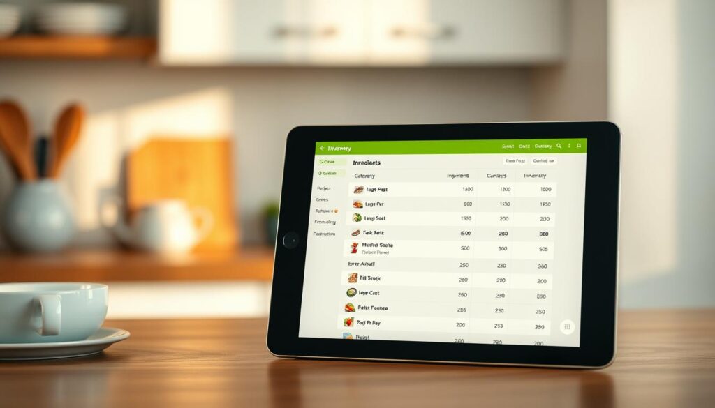 A digital food inventory system, displayed on a sleek tablet, rests on a wooden kitchen counter. The interface features neatly organized categories, ingredients, and quantities, with a clean, intuitive design. Soft, natural lighting from overhead casts a warm glow, complementing the light blue accents that add a touch of color to the minimalist scene. The system showcases a seamless integration of technology and culinary organization, empowering the user to effortlessly manage their batch-cooked dinner inventory, ensuring a well-stocked freezer for convenient meal planning.