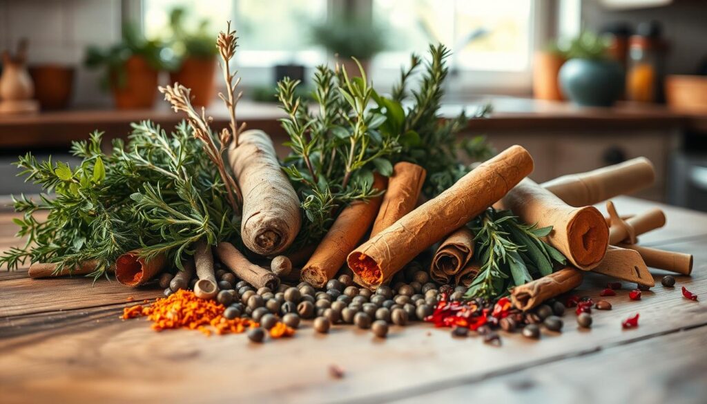 A diverse arrangement of freshly harvested herbs and spices, meticulously organized on a rustic wooden table in a cozy, minimal kitchen. Vibrant green sprigs of thyme, fragrant rosemary, and earthy turmeric root mingle with whole peppercorns, cinnamon sticks, and a scattering of dried chili flakes. Soft, natural light filters through the window, casting a warm glow and casting subtle shadows that accentuate the textures and colors of the culinary treasures. The scene exudes a sense of warmth, creativity, and the promise of flavorful culinary creations.