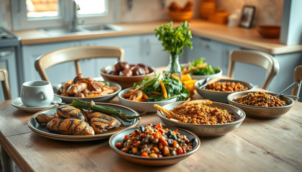 A family-style spread of balanced, nutritious meals on a light wooden table, with an array of protein-rich dishes like grilled chicken, roasted vegetables, and a hearty lentil stew. The scene is bathed in warm, soft lighting, creating a cozy, inviting atmosphere in a minimal kitchen with light blue accents. The tableware has a rustic, artisanal feel, complementing the natural textures and tones. The composition showcases the meal's visual appeal and emphasizes the importance of well-rounded, protein-packed family dinners.