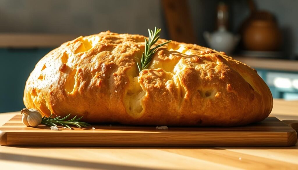 A freshly baked Italian focaccia bread, golden and aromatic, rests on a wooden cutting board. Its surface is dimpled and drizzled with olive oil, sprinkled with fragrant garlic cloves, rosemary sprigs, and a pinch of coarse sea salt. The kitchen is bathed in warm, natural light, casting a cozy glow on the scene. The minimal, light blue accents of the space complement the rustic, earthy tones of the bread, creating a harmonious, inviting atmosphere.