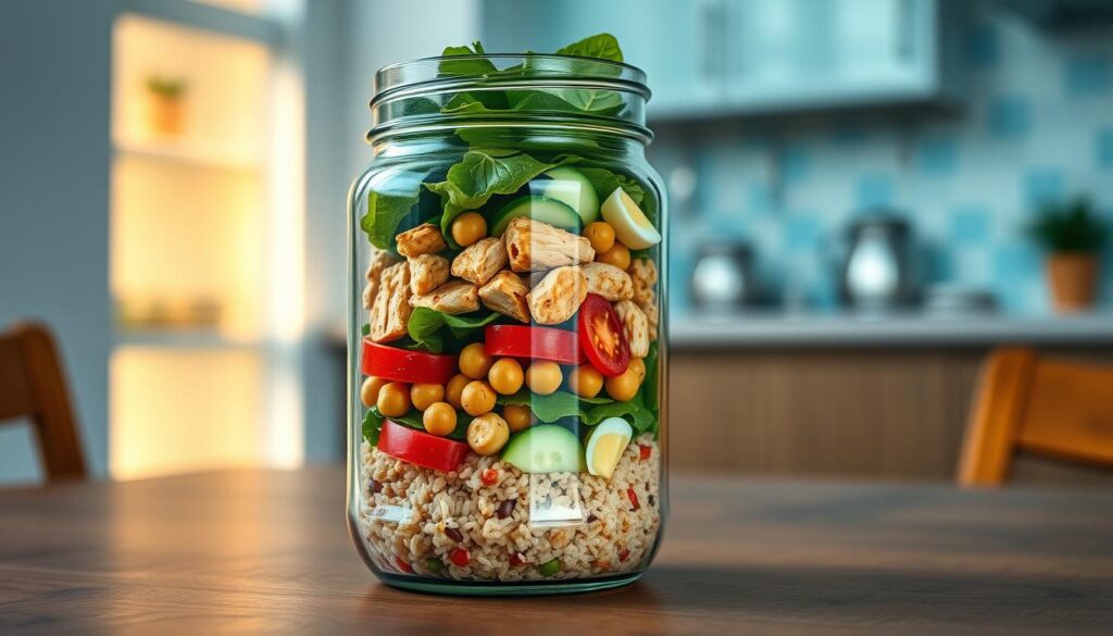 A glass mason jar filled with colorful layers of fresh salad ingredients. In the foreground, vibrant greens, ripe tomatoes, and crunchy cucumbers are neatly stacked. The middle layer showcases a variety of protein-rich ingredients like grilled chicken, chickpeas, and hard-boiled eggs. The background features a base of hearty grains, such as quinoa or wild rice. Soft, natural lighting from a nearby window casts a warm glow, highlighting the textures and colors. The jar sits atop a wooden table, surrounded by a minimal, light blue-accented kitchen, creating a cozy, inviting atmosphere.