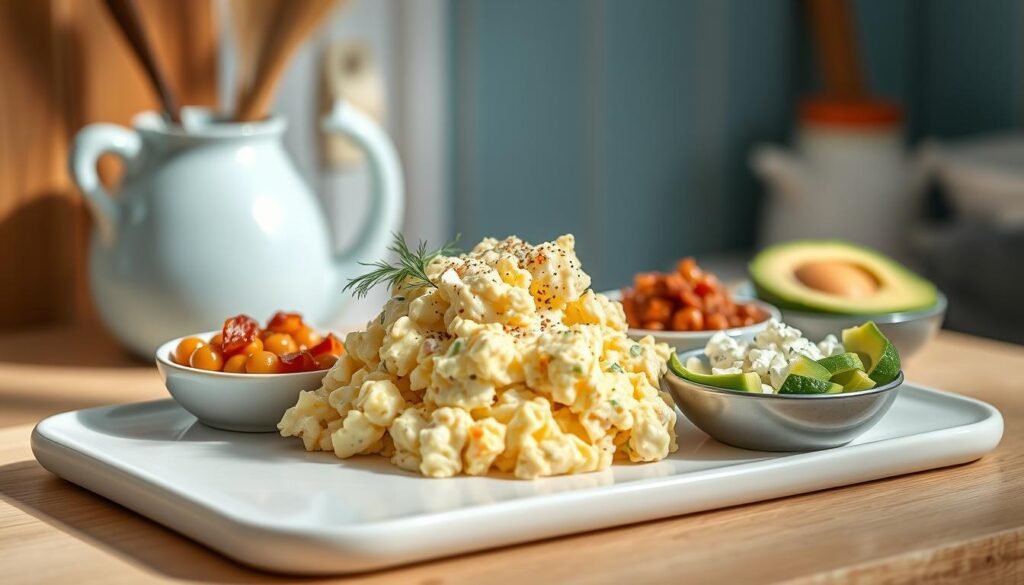 A gourmet display of classic egg salad alongside vibrant, protein-packed alternatives. In a cozy, minimal kitchen with warm wooden textures and light blue accents, a clean white ceramic platter showcases the salads. The main focus is the creamy, golden egg salad, garnished with fresh dill and cracked black pepper. Surrounding it are small bowls of nutritious toppings - crisp bacon bits, roasted chickpeas, sliced avocado, and crumbled feta cheese. Soft, natural lighting from a window casts a gentle glow, highlighting the textures and colors. The scene evokes a sense of effortless sophistication, inspiring the viewer to elevate their everyday lunch with these delicious, protein-rich egg salad options.