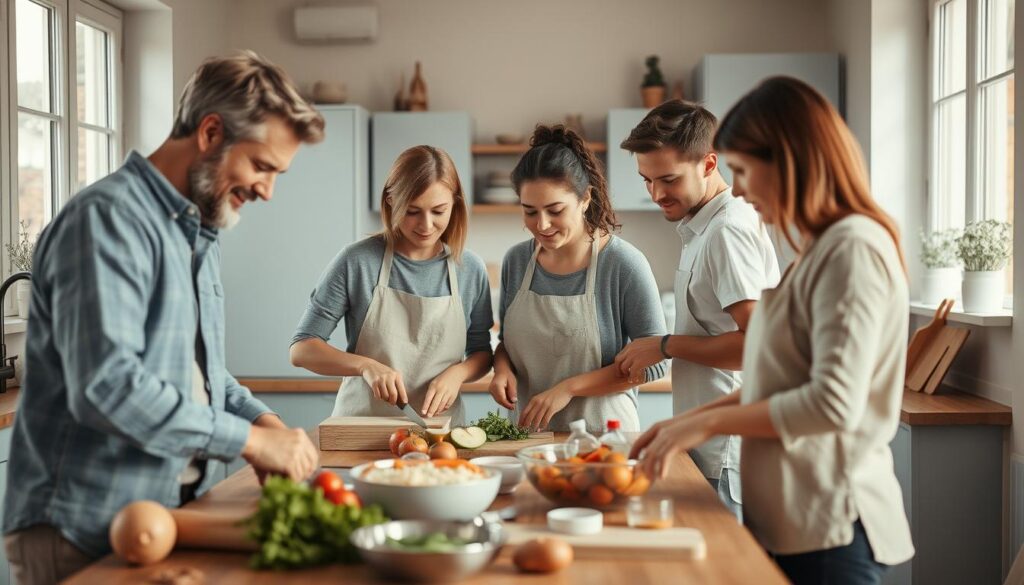 A group of adults in a minimalist kitchen collaborate on meal prep, each with a designated task - one washing vegetables, another chopping, a third mixing ingredients. Soft natural lighting filters through large windows, casting a warm glow on the scene. The team works in harmony, their expressions focused yet relaxed, as they build a hearty batch of meals together. Wooden countertops, light blue cabinetry, and subtle decor elements create a cozy, inviting atmosphere conducive to teamwork and shared responsibility.