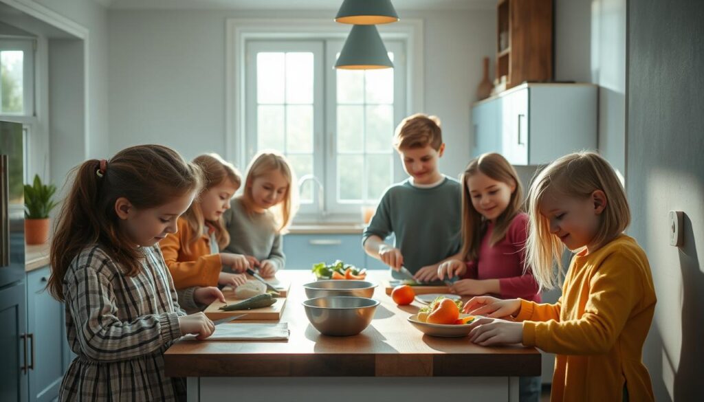 A group of cheerful children, ages 5-10, intently preparing a meal together in a cozy, light-filled kitchen. They stand around a wooden countertop, chopping vegetables, mixing ingredients, and carefully following a recipe. Sunlight streams in through large windows, casting a warm glow on their focused faces. The kitchen has a minimal, Scandinavian-inspired design with light blue accents, clean lines, and natural textures. No hands are visible, emphasizing the children's independence and sense of ownership over the cooking process. An atmosphere of collaboration, discovery, and joyful learning permeates the scene.