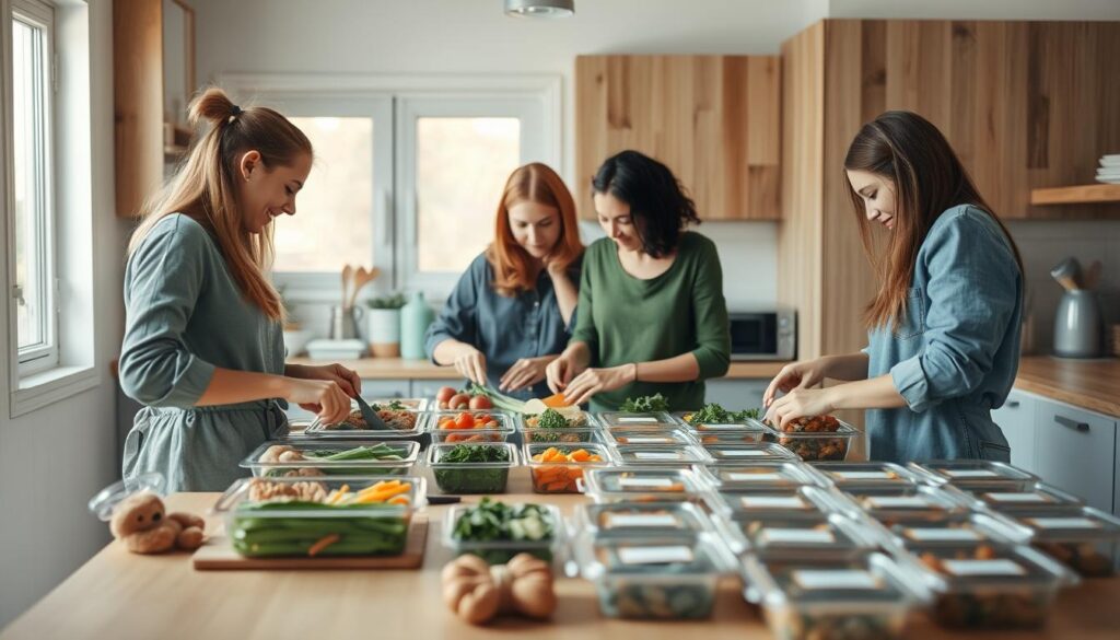A group of friends gathered in a cozy, minimal kitchen with wooden textures and light blue accents, meticulously prepping an array of healthy meals for the week ahead. Sleeves rolled up, they work in sync, chopping vegetables, seasoning proteins, and organizing containers with precision. The muted natural light filters in, casting a warm glow on their collaborative efforts. A sense of camaraderie and efficiency permeates the scene, as they transform the space into a hub of meal prep productivity. Countertops are lined with neatly labeled containers, ready to be stocked in the freezer for easy, accessible meals.