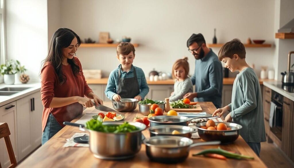 A happy family gathered around a large wooden kitchen island, preparing a bountiful batch of homemade meals. In the foreground, a mother and her two children chop vegetables with care, their faces alight with concentration. The middle ground showcases an array of simmering pots and pans, emitting tantalizing aromas. In the background, a father moves about the minimalist, light blue-accented kitchen, gathering herbs and spices. Soft, natural lighting filters in, creating a warm, inviting atmosphere as the family works together, seamlessly integrating their quality time with the practical task of meal preparation.